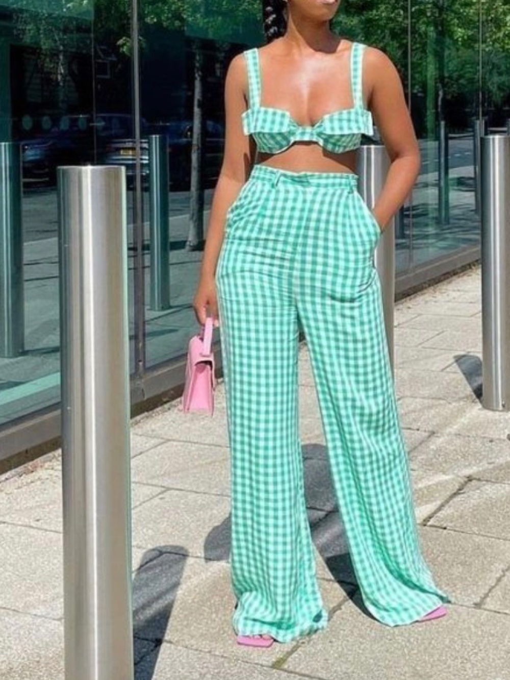 NWT ASOS LUXE matching wide leg pants with pocket bralet set in green gingham 10